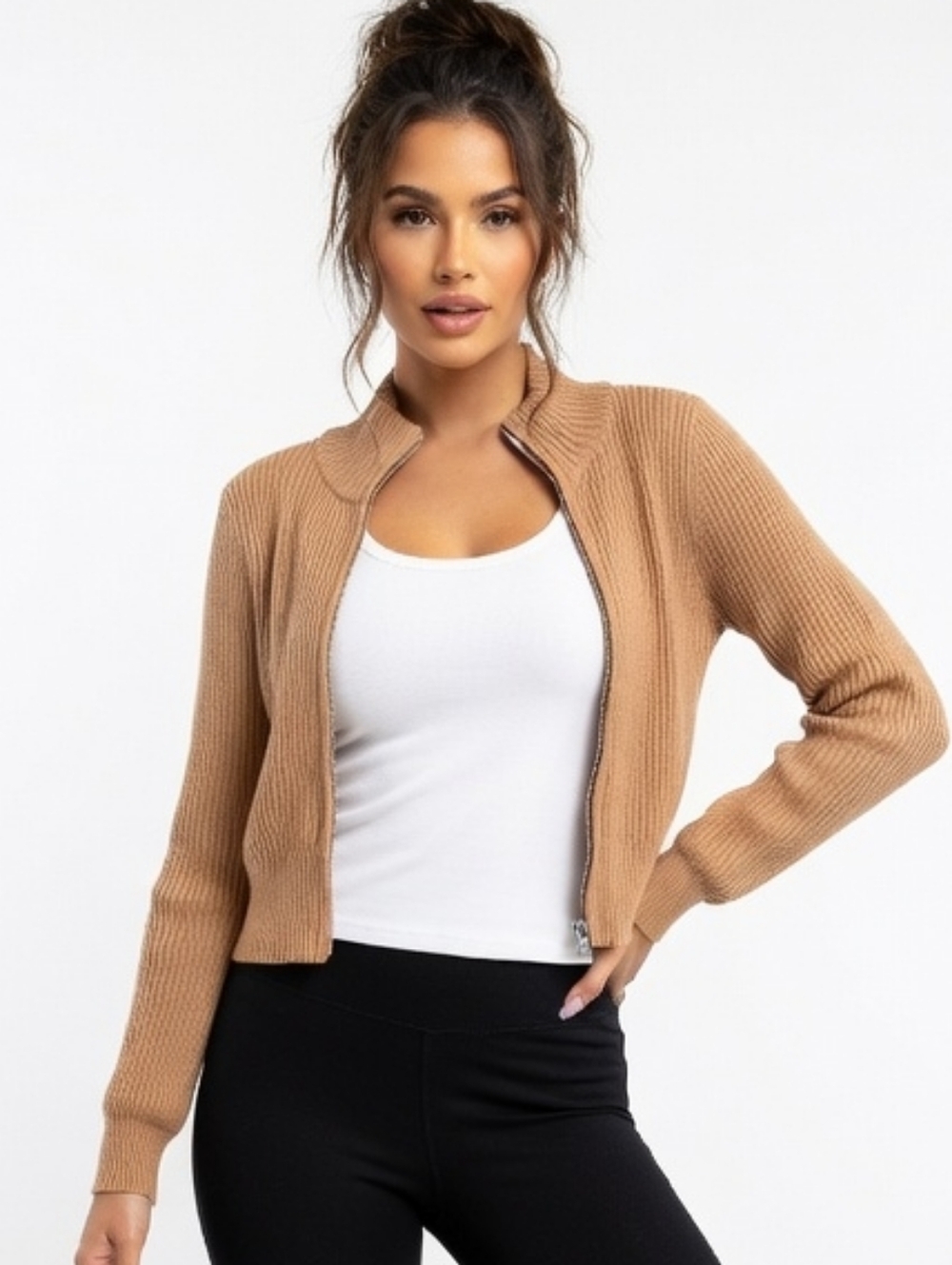 Banana Republic Camel Ribbed Zip-Front Crop Jacket (Size:small)